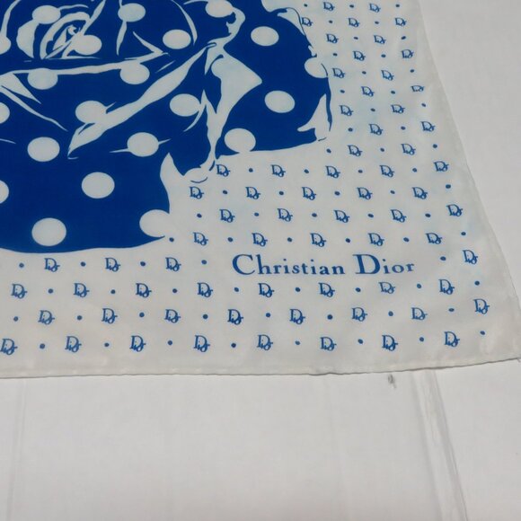 ❤️CHRISTIAN DIOR Blue White Polka Dot Logo  Silk Scarf Shawl Wrap Plump Hem - Picture 4 of 8